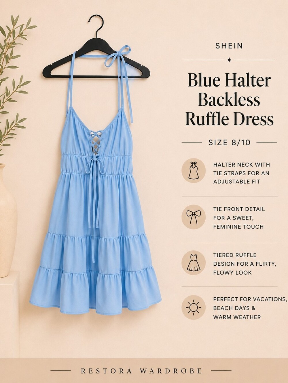 SHEIN Powder Blue Halter Mini Dress Tie Front Coquette Backless 8/10